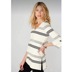 J Jill Wearever Cream Black Stripe V Neck 3/4 Bell Sleeves Tunic Stretch Size S